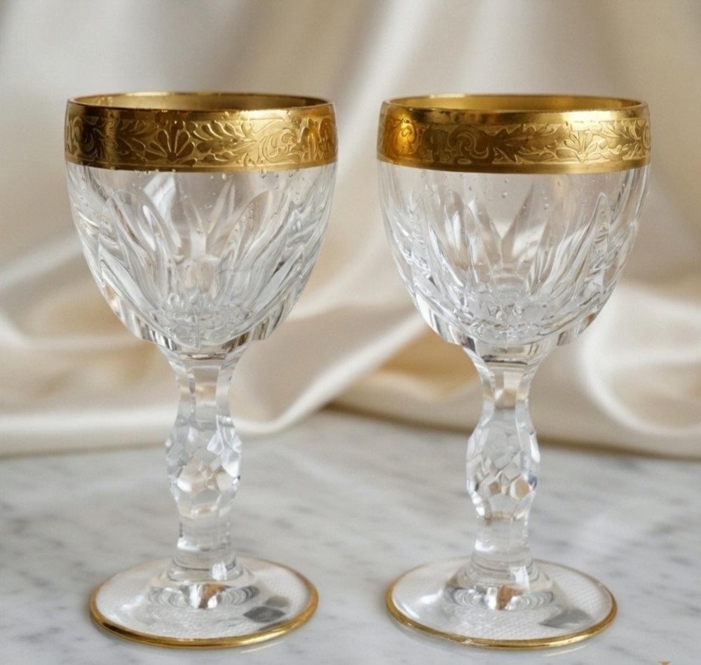 Pair Vintage Bohemian Gold Encrusted Cut Crystal Shot Glasses 4.25" Unsigned EXC